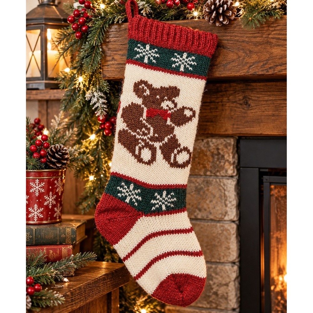 Vintage Knit Christmas Stocking Teddy Bear Snowflakes Red Green Cream 19" Retro